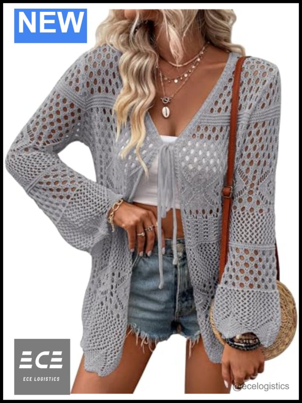 Crochet Cardigan Lightweight Long Sleeve Tie Front Hollow Out Thin Women's